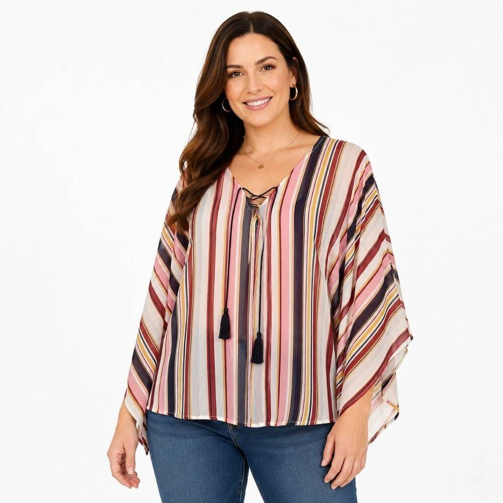 Maurices XL Striped Boho Kimono Sleeve Tassel Blouse